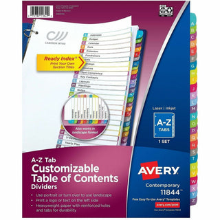 Customizable TOC Ready Index Multicolor Tab Dividers, 26-Tab, A to Z, 11 x 8.5, White, Contemporary Color Tabs, 1 Set