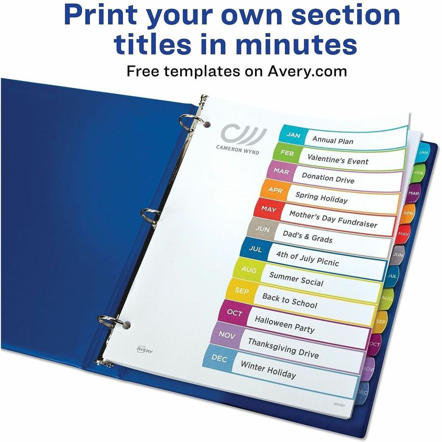 Customizable TOC Ready Index Multicolor Tab Dividers, 12-Tab, Jan. to Dec., 11 x 8.5, White, Contemporary Color Tabs, 1 Set