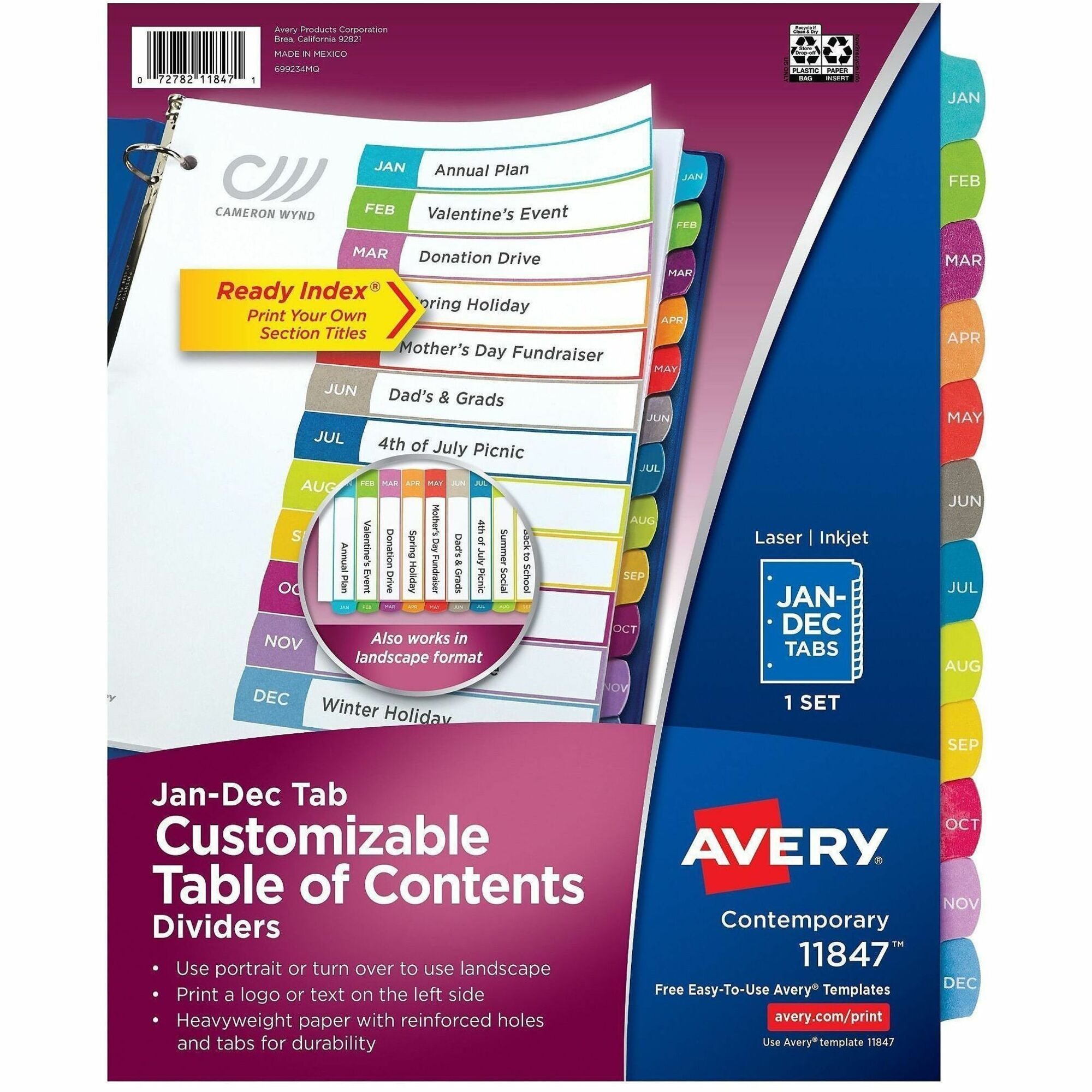Customizable TOC Ready Index Multicolor Tab Dividers, 12-Tab, Jan. to Dec., 11 x 8.5, White, Contemporary Color Tabs, 1 Set