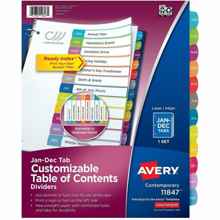 Customizable TOC Ready Index Multicolor Tab Dividers, 12-Tab, Jan. to Dec., 11 x 8.5, White, Contemporary Color Tabs, 1 Set