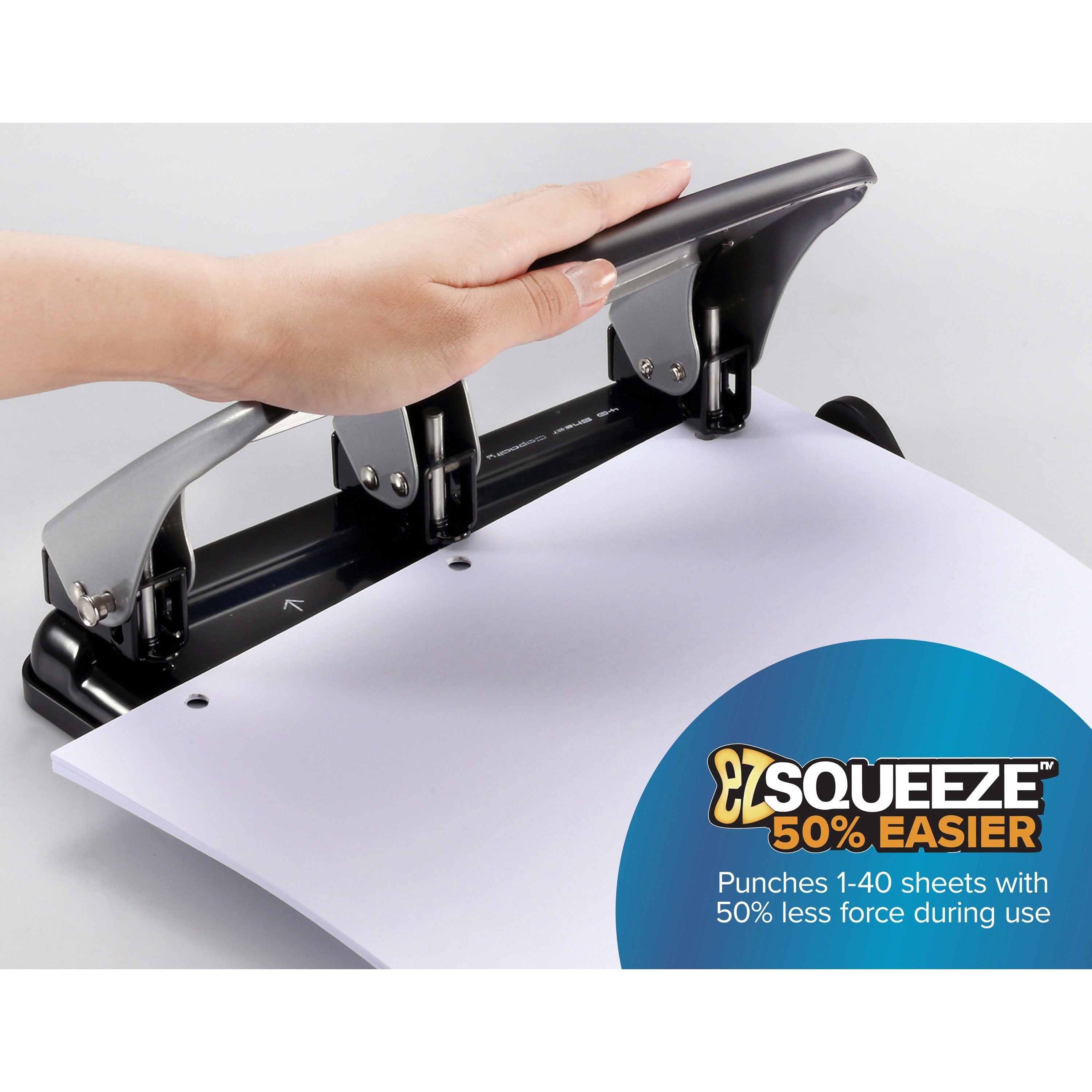 Bostitch EZ Squeeze 40-sheet 3-Hole Punch - 3 Punch Head(s) - 40 Sheet of 20lb Paper - 9/32" Punch Size - 7.4" x 3.1" - Black, Silver - 