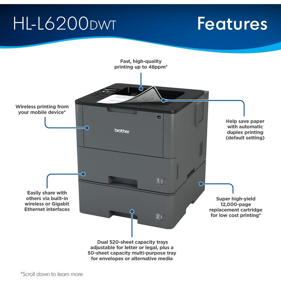 HLL6200DWT Business Laser Printer with Wireless Networking, Duplex Printing, and Dual Paper Trays - 3