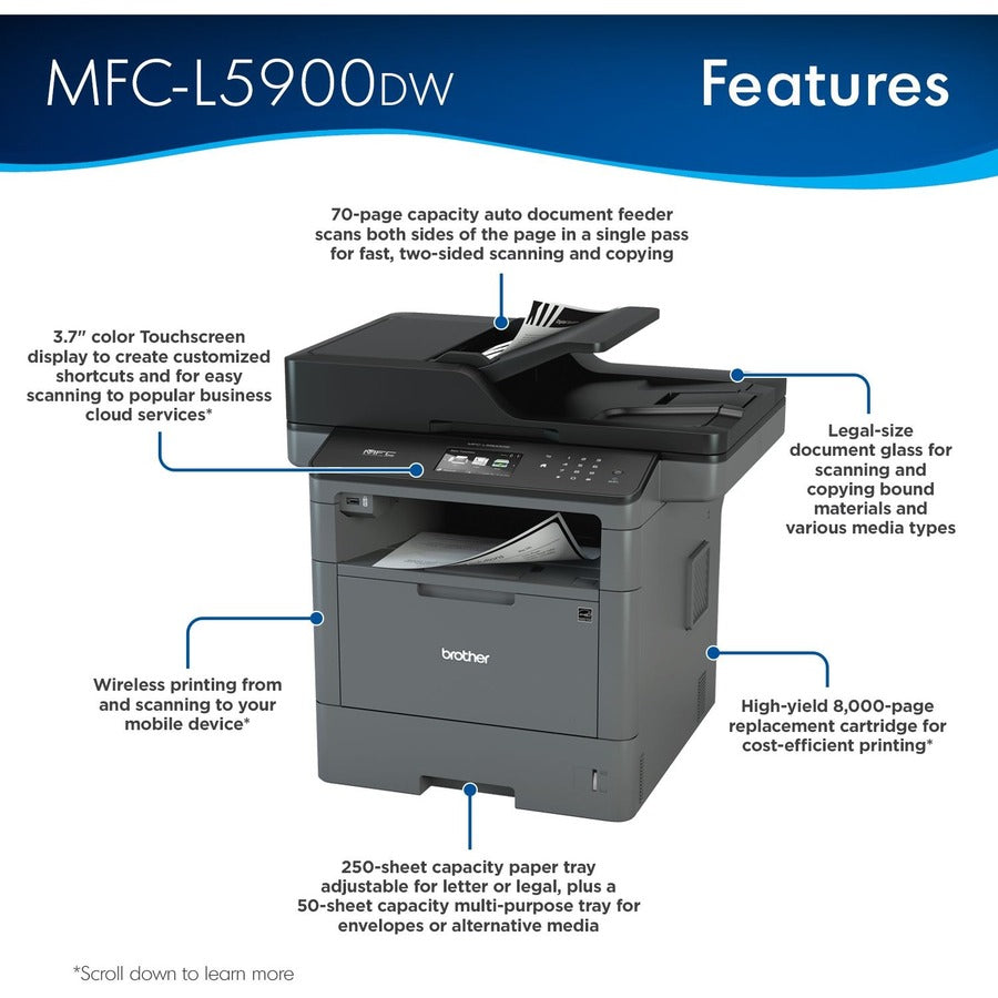 MFCL5900DW Business Laser All-in-One Printer with Duplex Print, Scan and Copy, Wireless Networking - 5