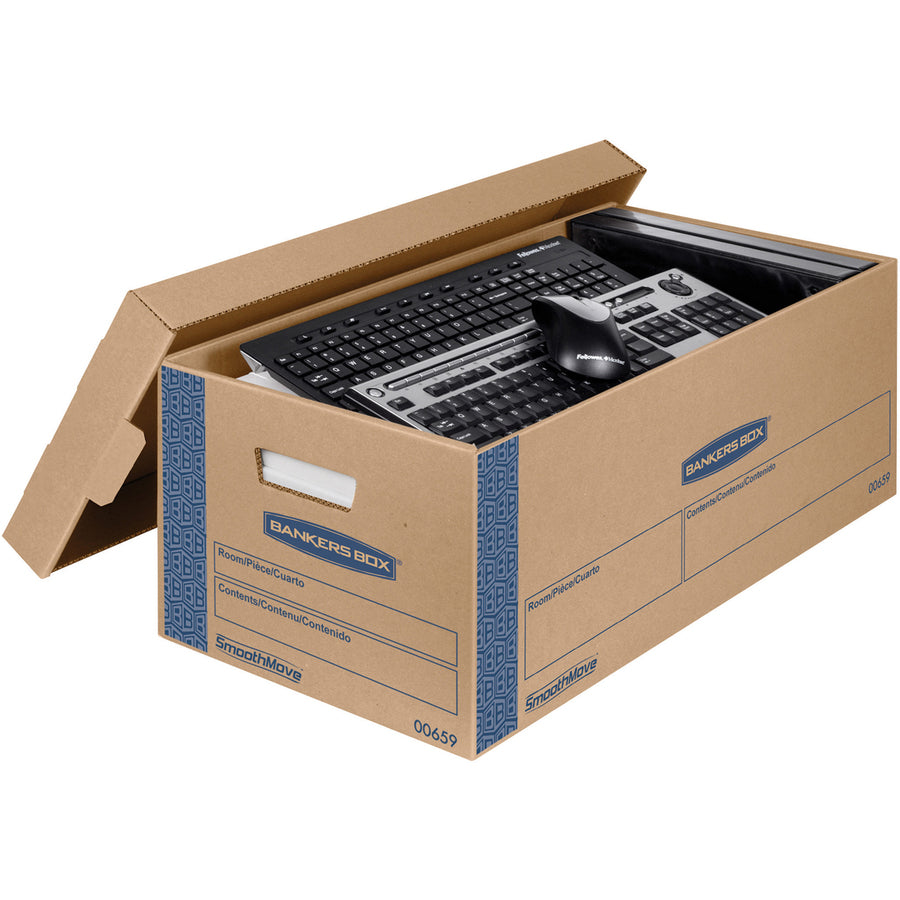 SmoothMove Prime Moving/Storage Boxes, Lift-Off Lid, Half Slotted Container, Small, 12" x 24" x 10", Brown/Blue, 8/Carton