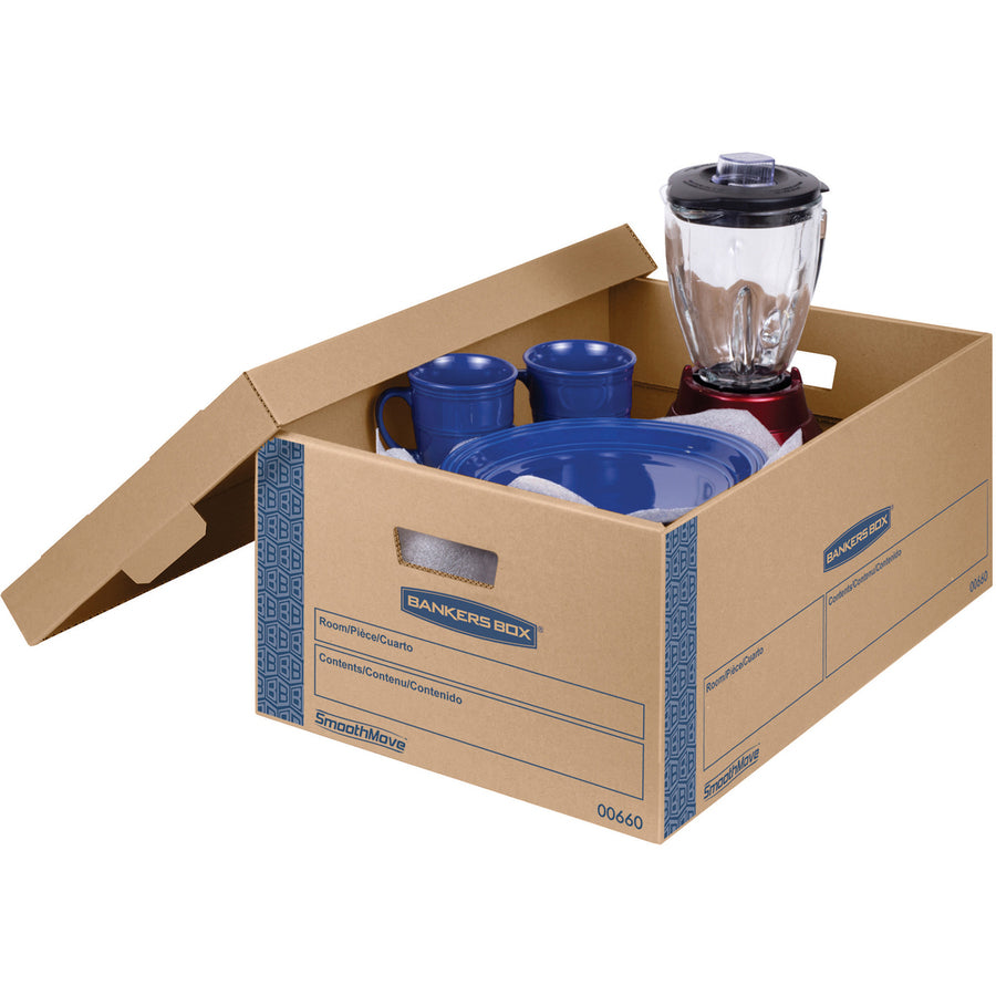 SmoothMove Prime Moving/Storage Boxes, Lift-Off Lid, Half Slotted Container, Large, 15" x 24" x 10", Brown/Blue, 8/Carton