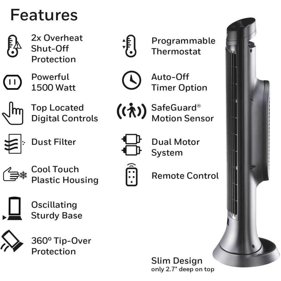 Honeywell Motion Sensor Ceramic Heater - Ceramic - 1500 W - 2 x Heat Settings - Timer - 1500 W - Oscillation - Indoor - Tower - Dark Gray