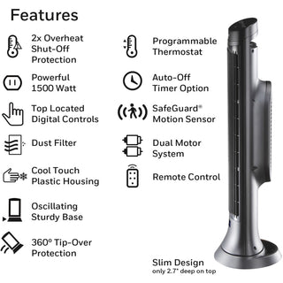 Honeywell Motion Sensor Ceramic Heater - Ceramic - 1500 W - 2 x Heat Settings - Timer - 1500 W - Oscillation - Indoor - Tower - Dark Gray