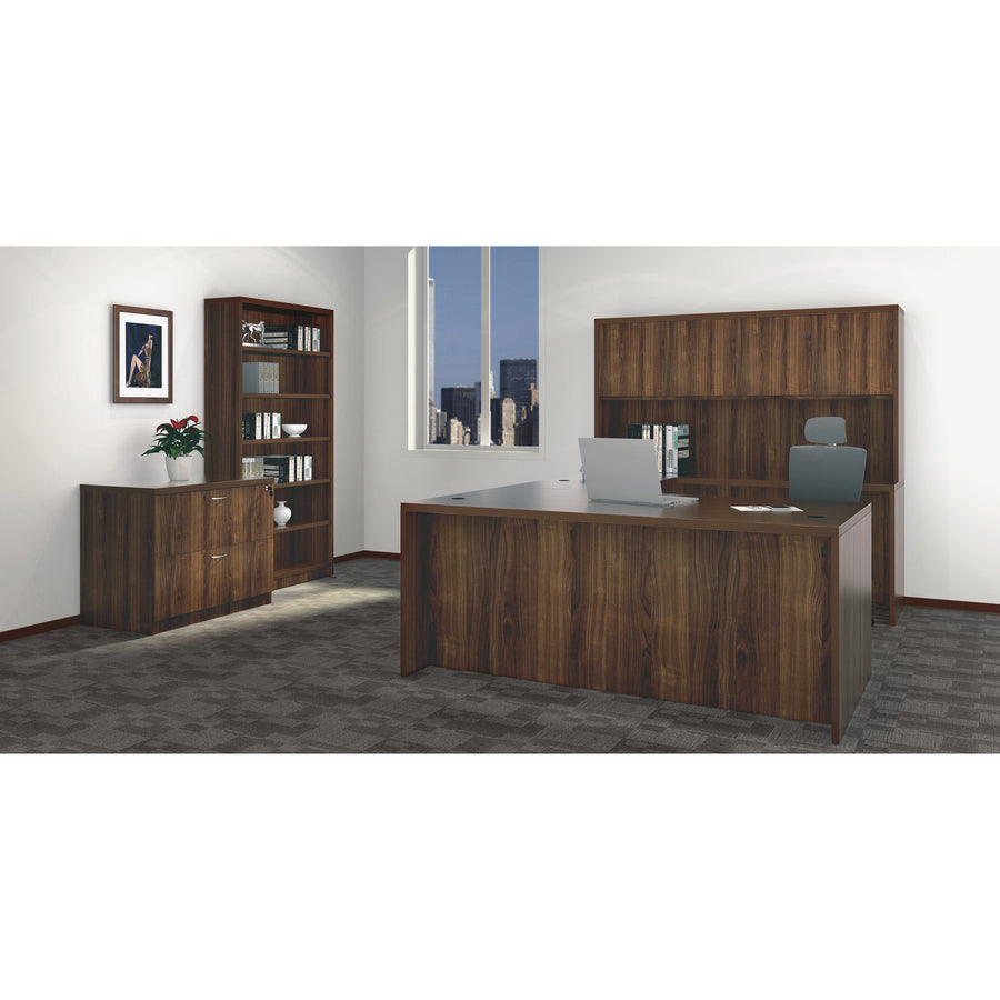 Lorell Chateau Series Credenza - 70.9" x 23.6"30" Credenza, 1.5" Top - Reeded Edge - Material: P2 Particleboard - Finish: Walnut, Laminate - Durable, Grommet, Cord Management, Modesty Panel - For Office - 