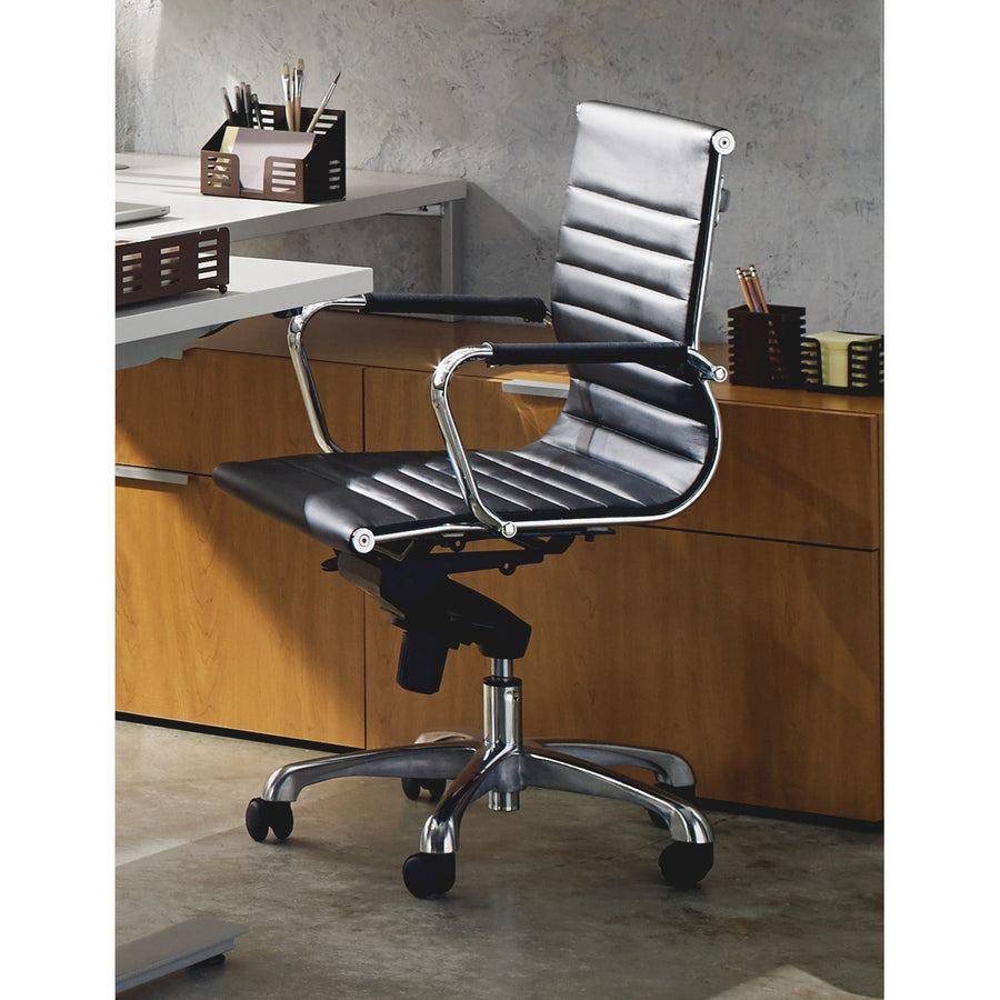 Lorell Modern Managerial Mid-back Office Chair - Leather Seat - Leather Back - Mid Back - 5-star Base - Black - 1 Each - 