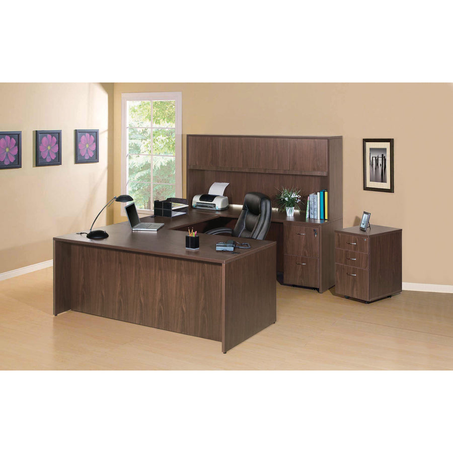 Lorell Essentials Series Credenza Shell - 70.9" x 23.6"29.5" Credenza, 1" Top, 3.8" Drawer Pull, 0.1" Edge - Walnut, Laminate Table Top - Durable, Grommet, Cord Management, Adjustable Feet - For Office - 