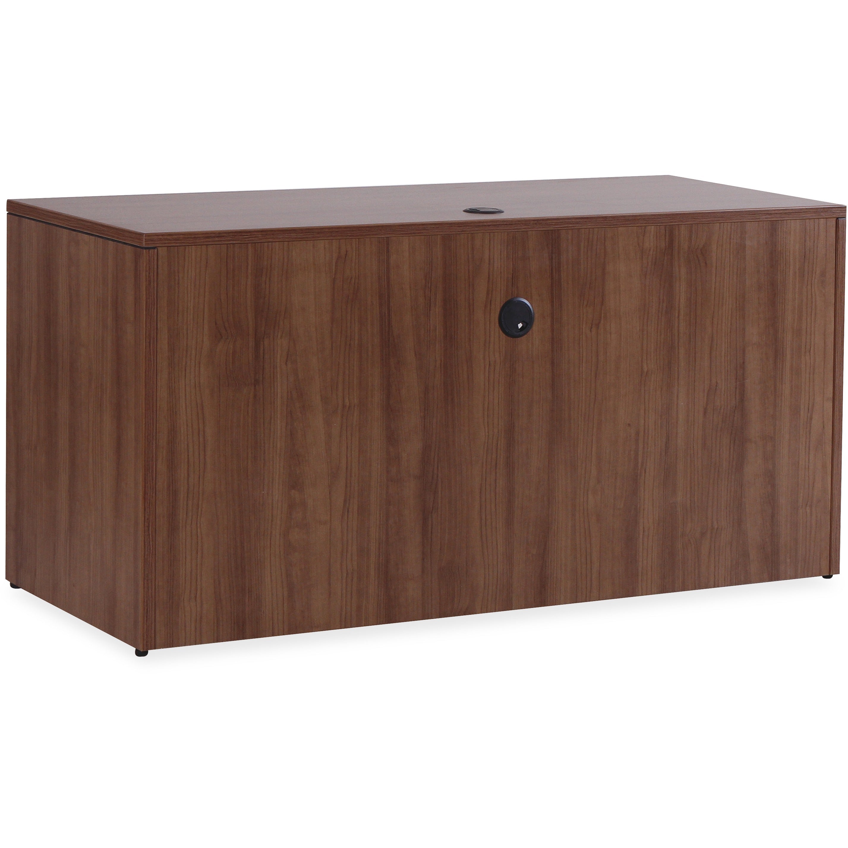 Lorell Essentials Series Credenza Shell - 66.1" x 23.6"29.5" Credenza, 1" Top, 3.8" Drawer Pull, 0.1" Edge - Walnut, Laminate Table Top - Durable, Grommet, Cord Management, Adjustable Feet, Lockable - For Office - 