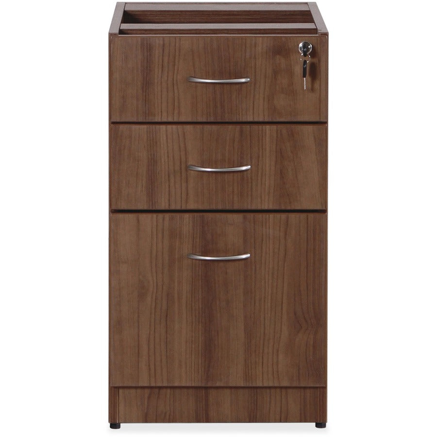 Lorell Essentials Series Box/Box/File Fixed File Cabinet - 15.5" x 21.9"28.5" Pedestal - 3 x File, Box Drawer(s) - Finish: Laminate, Walnut - Built-in Hangrail - For File, File Folder