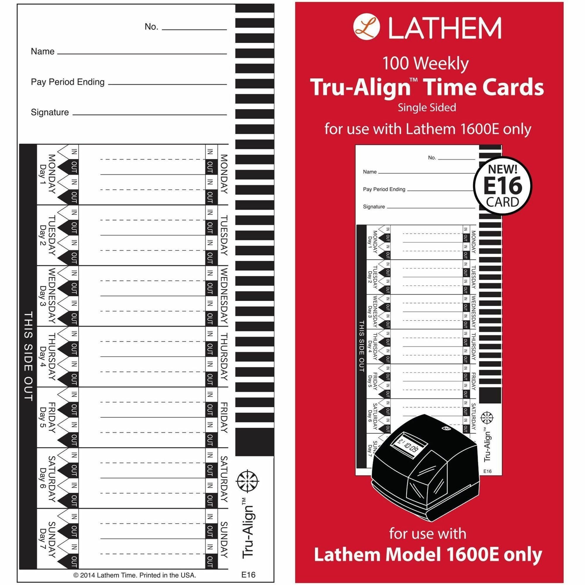 Lathem E16 Tru-Align Time Cards, Sold as 1 Package, 100 Each per Package