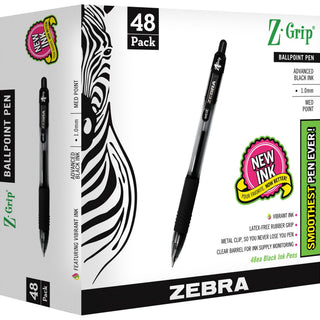 Z-Grip Ballpoint Pen, Retractable, Medium 1 mm, Black Ink, Clear/Black Barrel, 48/Pack