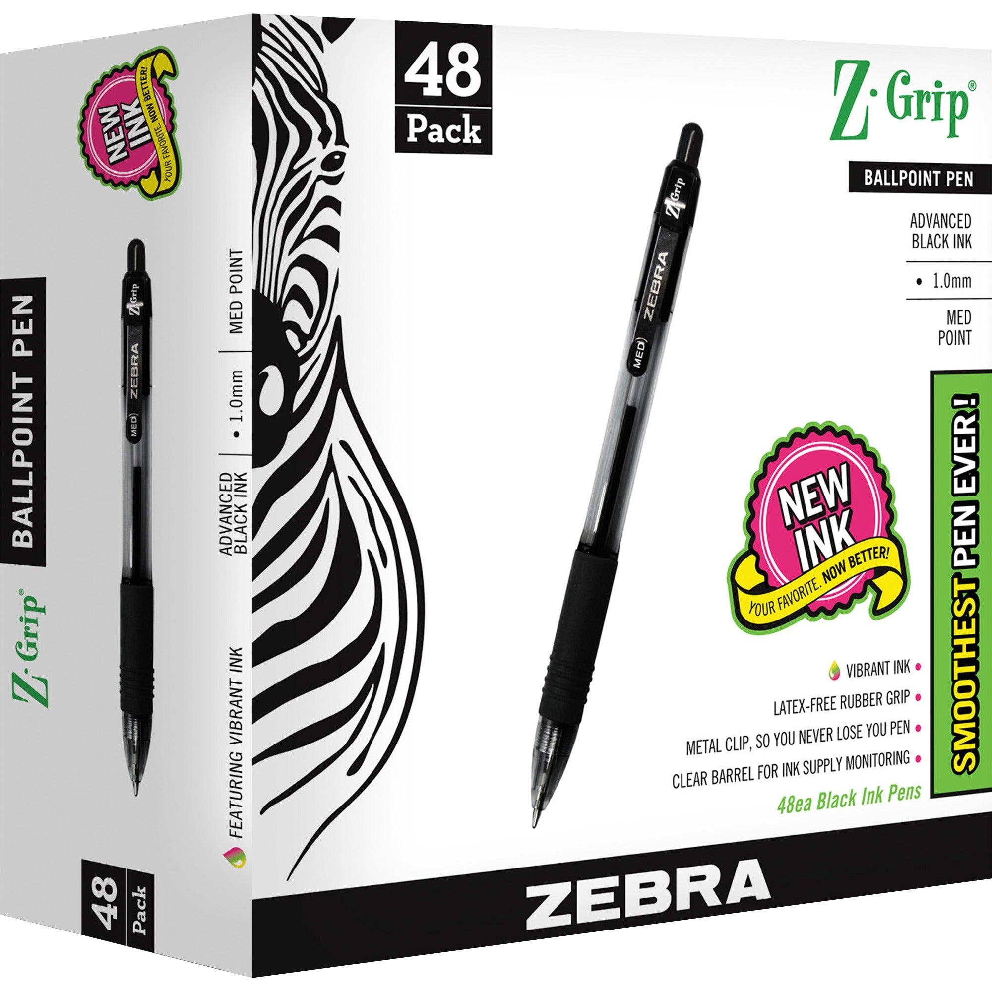 Z-Grip Ballpoint Pen, Retractable, Medium 1 mm, Black Ink, Clear/Black Barrel, 48/Pack