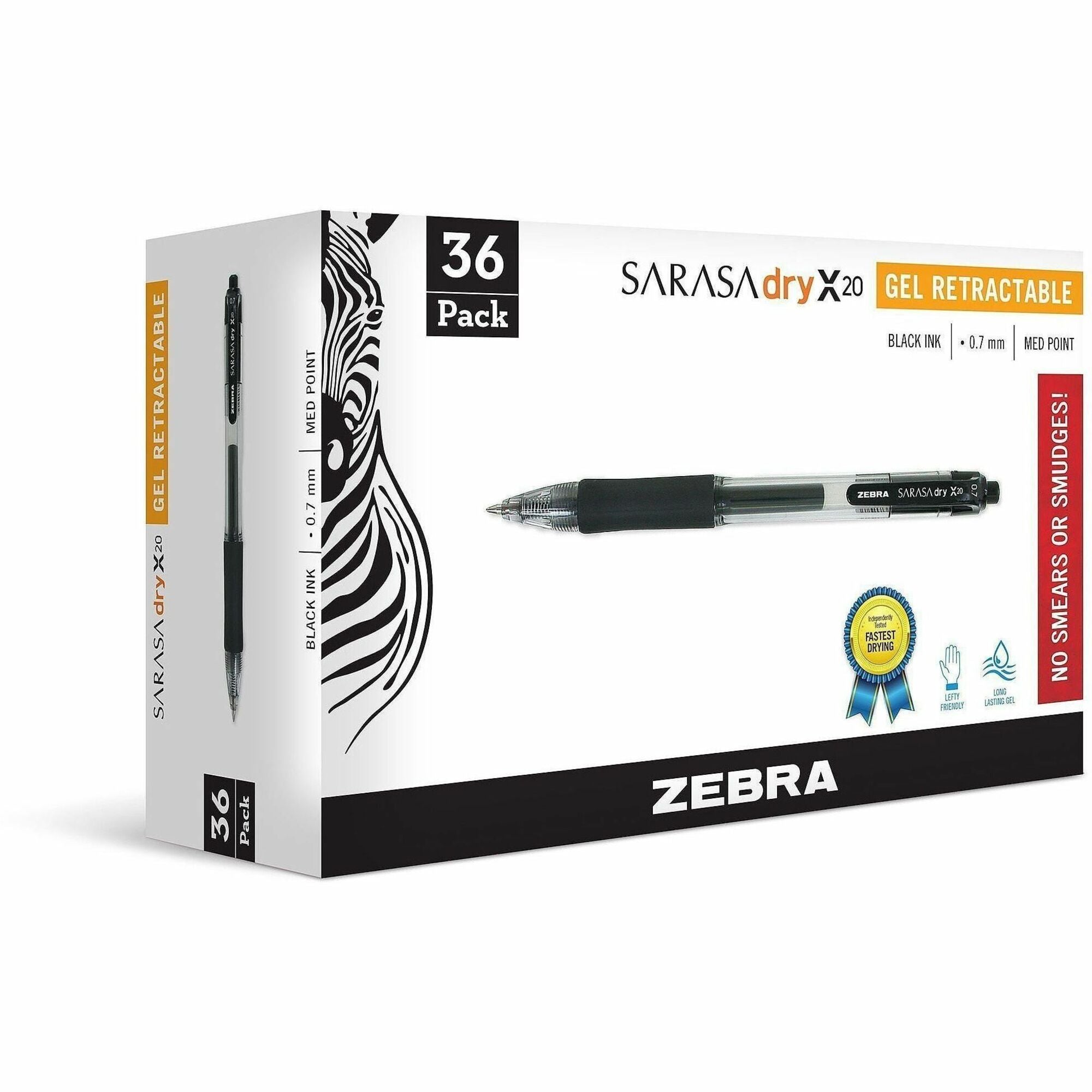 Sarasa Dry Gel X20 Gel Pen, Retractable, Medium 0.7 mm, Black Ink, Clear/Black Barrel, 36/Pack