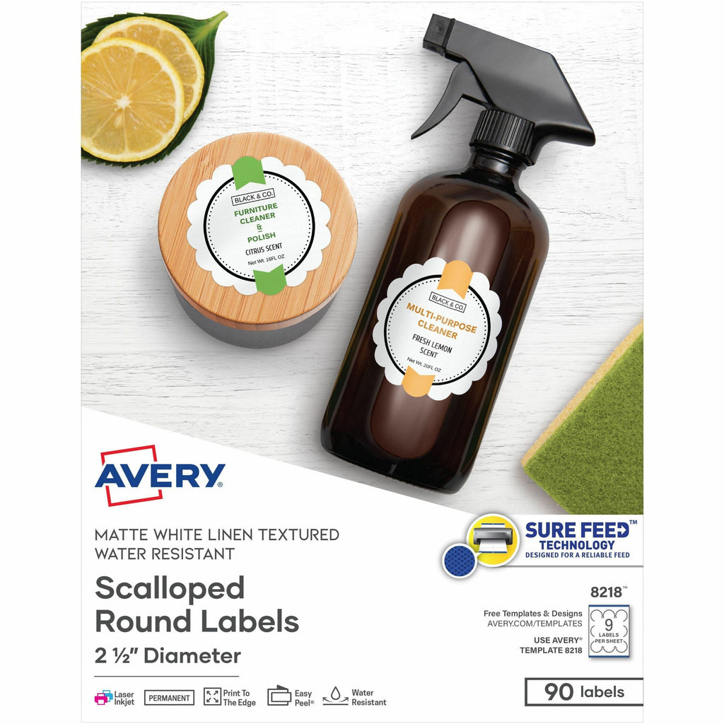 Avery Multipurpose Label - - Width2 1/2" Diameter - Permanent Adhesive - Round Scallop - Laser, Inkjet - Matte White - Paper - 9 / Sheet - 10 Total Sheets - 90 Total Label(s) - 90 / Pack