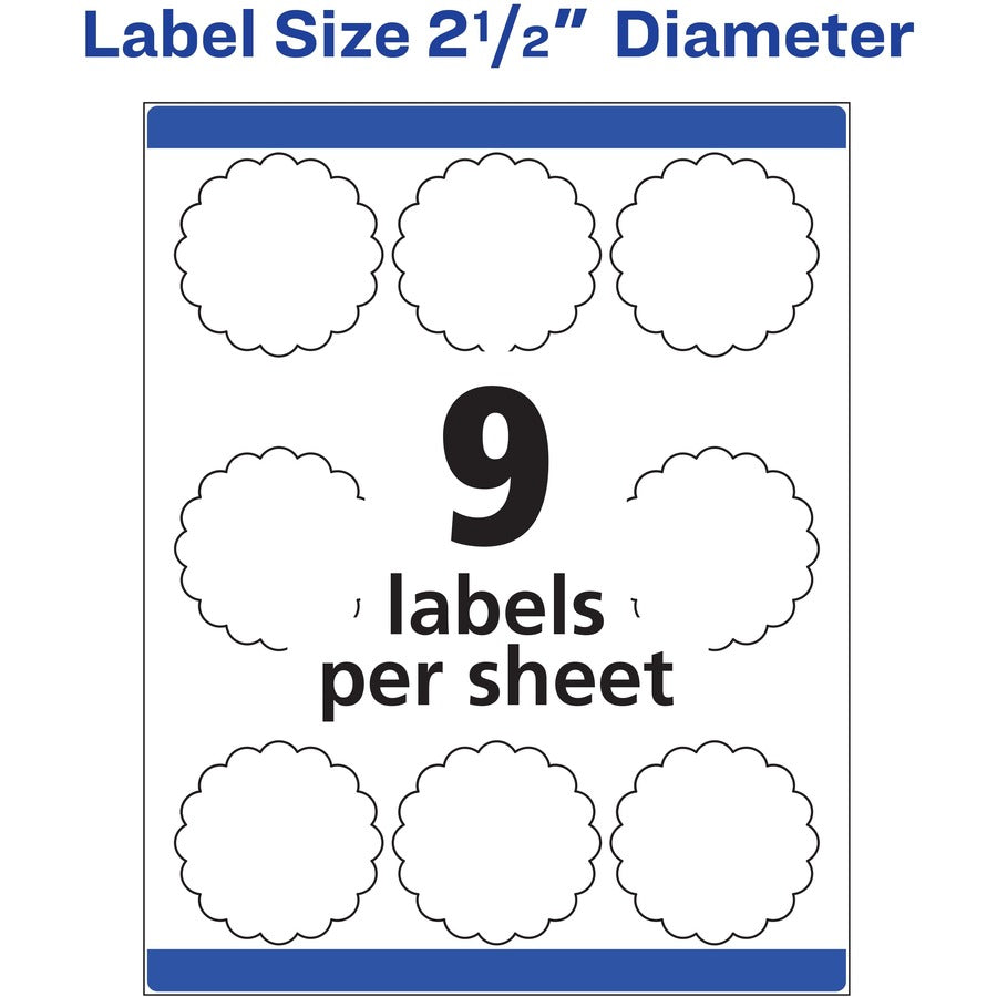 Avery Multipurpose Label - - Width2 1/2" Diameter - Permanent Adhesive - Round Scallop - Laser, Inkjet - Matte White - Paper - 9 / Sheet - 10 Total Sheets - 90 Total Label(s) - 90 / Pack