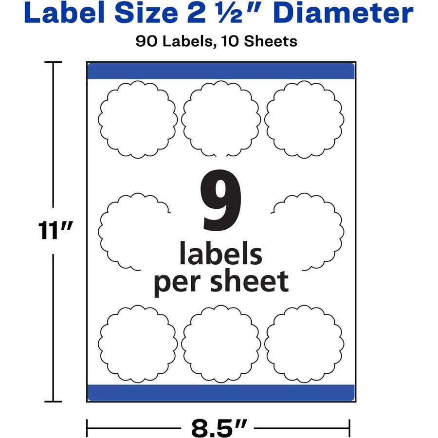Avery Multipurpose Label - - Width2 1/2" Diameter - Permanent Adhesive - Round Scallop - Laser, Inkjet - Matte White - Paper - 9 / Sheet - 10 Total Sheets - 90 Total Label(s) - 90 / Pack