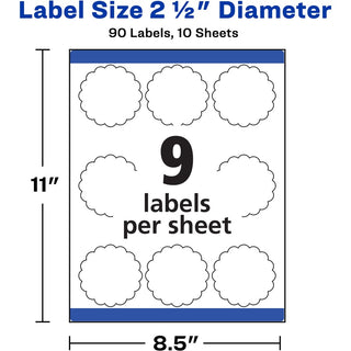 Avery Multipurpose Label - - Width2 1/2" Diameter - Permanent Adhesive - Round Scallop - Laser, Inkjet - Matte White - Paper - 9 / Sheet - 10 Total Sheets - 90 Total Label(s) - 90 / Pack