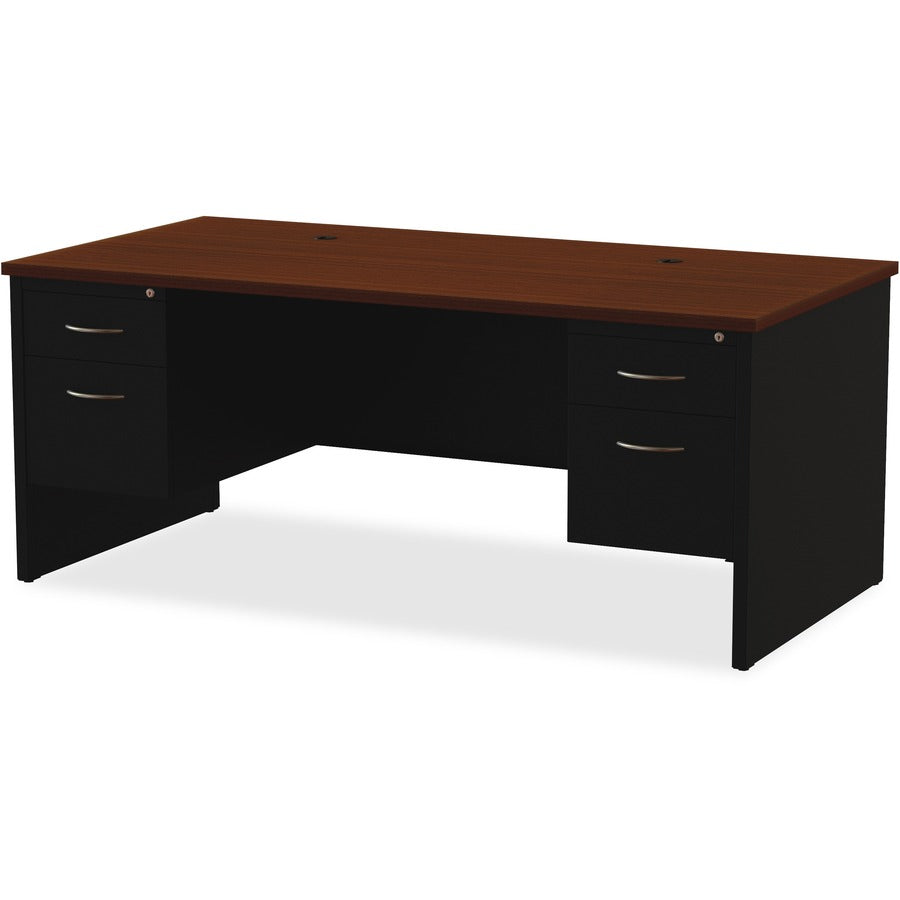 Lorell Fortress Modular Series Double-Pedestal Desk - 72" x 36" , 1.1" Top - 2 x Box, File Drawer(s) - Double Pedestal - Material: Steel - Finish: Walnut Laminate, Black - Scratch Resistant, Stain Resistant, Ball-bearing Suspension, Grommet, Handle,