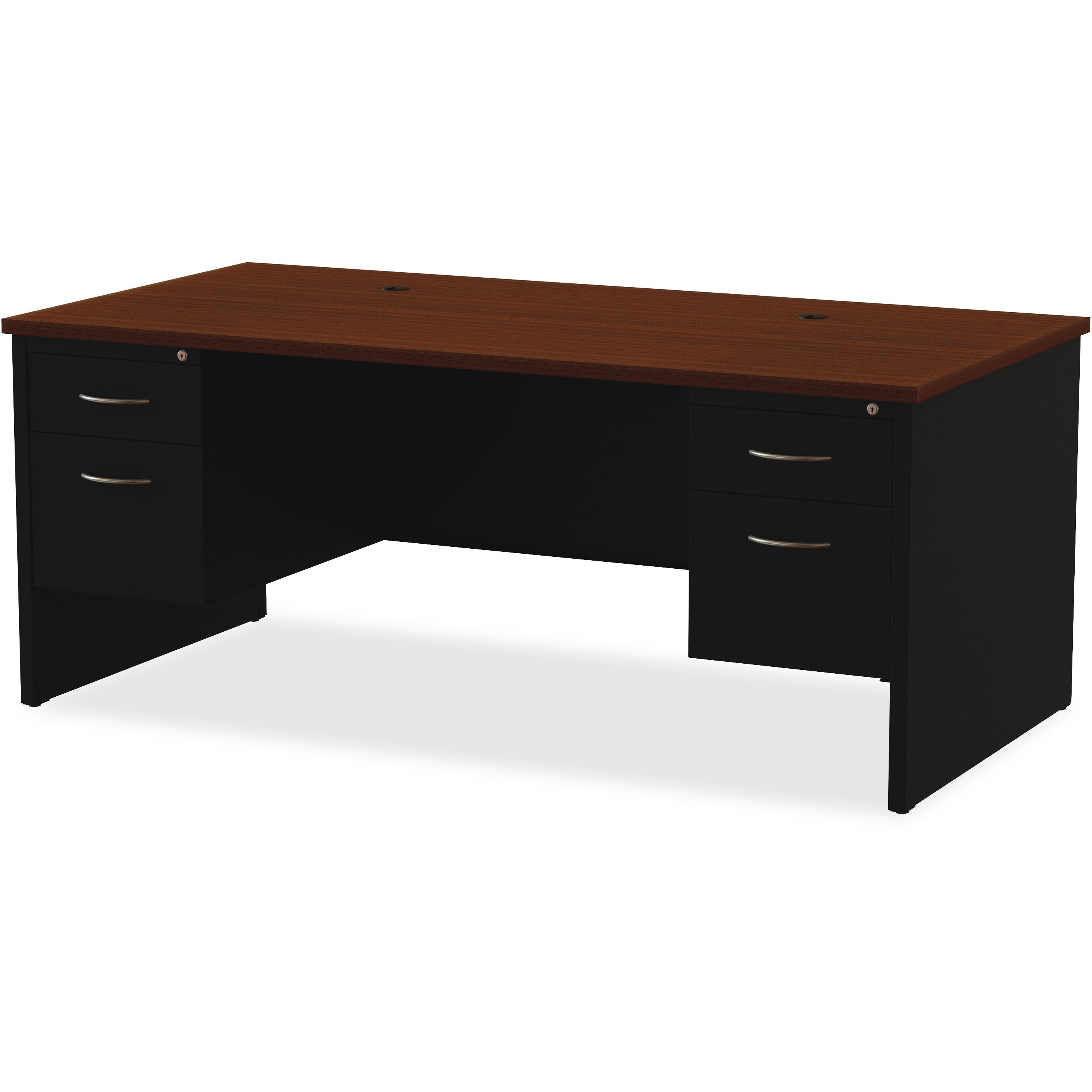 Lorell Fortress Modular Series Double-Pedestal Desk - 72" x 36" , 1.1" Top - 2 x Box, File Drawer(s) - Double Pedestal - Material: Steel - Finish: Walnut Laminate, Black - Scratch Resistant, Stain Resistant, Ball-bearing Suspension, Grommet, Handle, - 