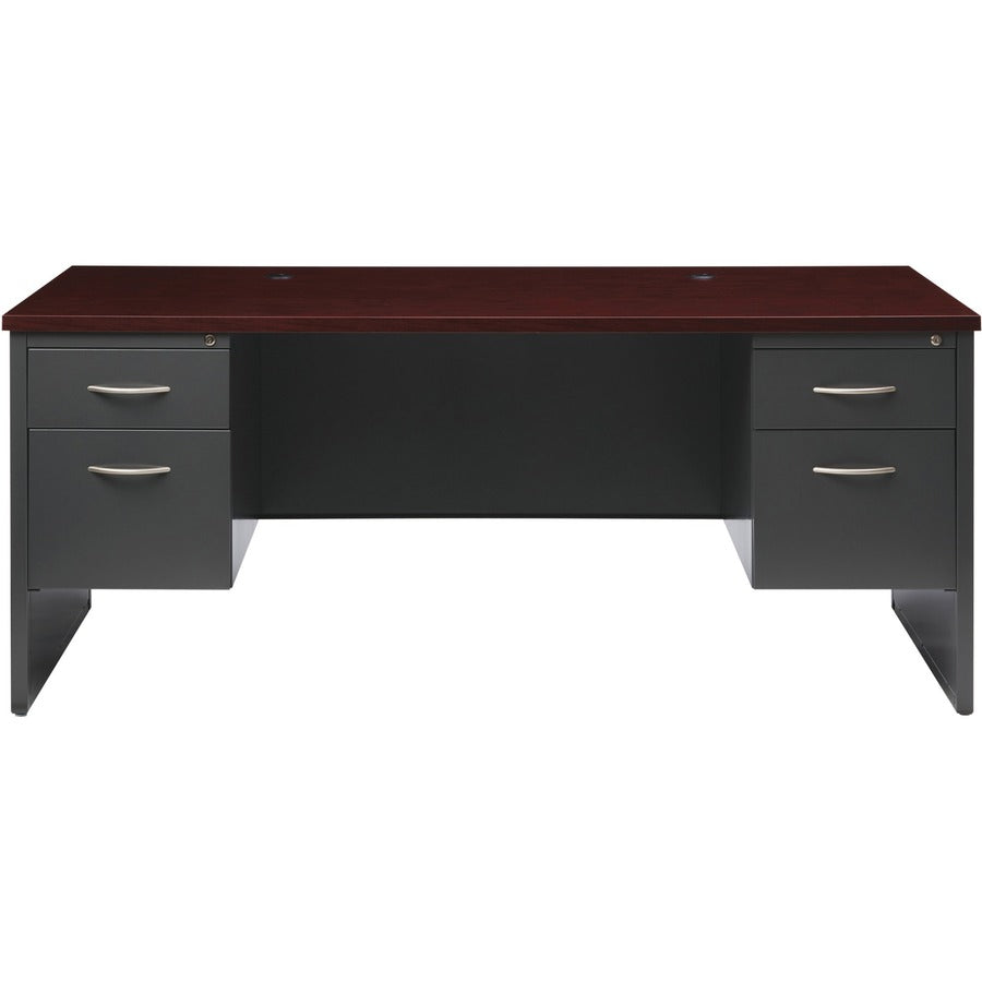 Lorell Fortress Modular Series Double-Pedestal Desk - 72" x 36" , 1.1" Top - 2 x Box, File Drawer(s) - Double Pedestal - Material: Steel - Finish: Mahogany Laminate, Charcoal - Scratch Resistant, Stain Resistant, Ball-bearing Suspension, Grommet, Han