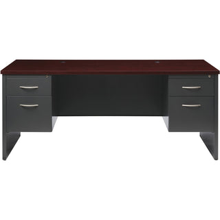 Lorell Fortress Modular Series Double-Pedestal Desk - 72" x 36" , 1.1" Top - 2 x Box, File Drawer(s) - Double Pedestal - Material: Steel - Finish: Mahogany Laminate, Charcoal - Scratch Resistant, Stain Resistant, Ball-bearing Suspension, Grommet, Han
