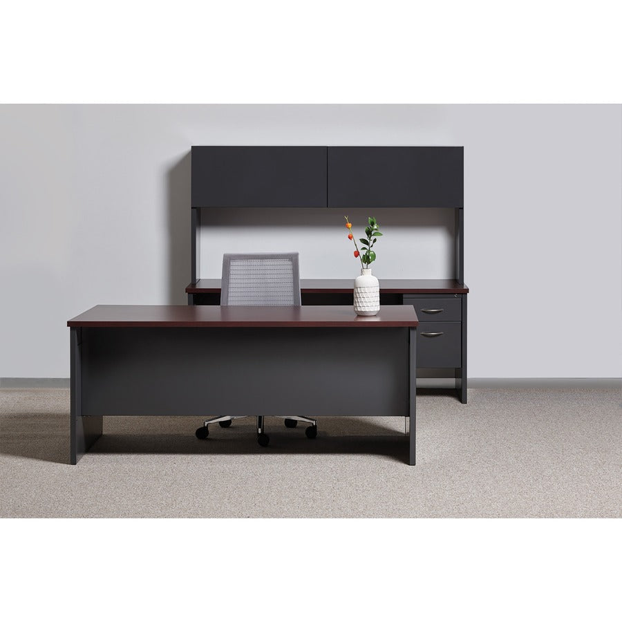 Lorell Fortress Modular Series Double-Pedestal Desk - 72" x 36" , 1.1" Top - 2 x Box, File Drawer(s) - Double Pedestal - Material: Steel - Finish: Mahogany Laminate, Charcoal - Scratch Resistant, Stain Resistant, Ball-bearing Suspension, Grommet, Han