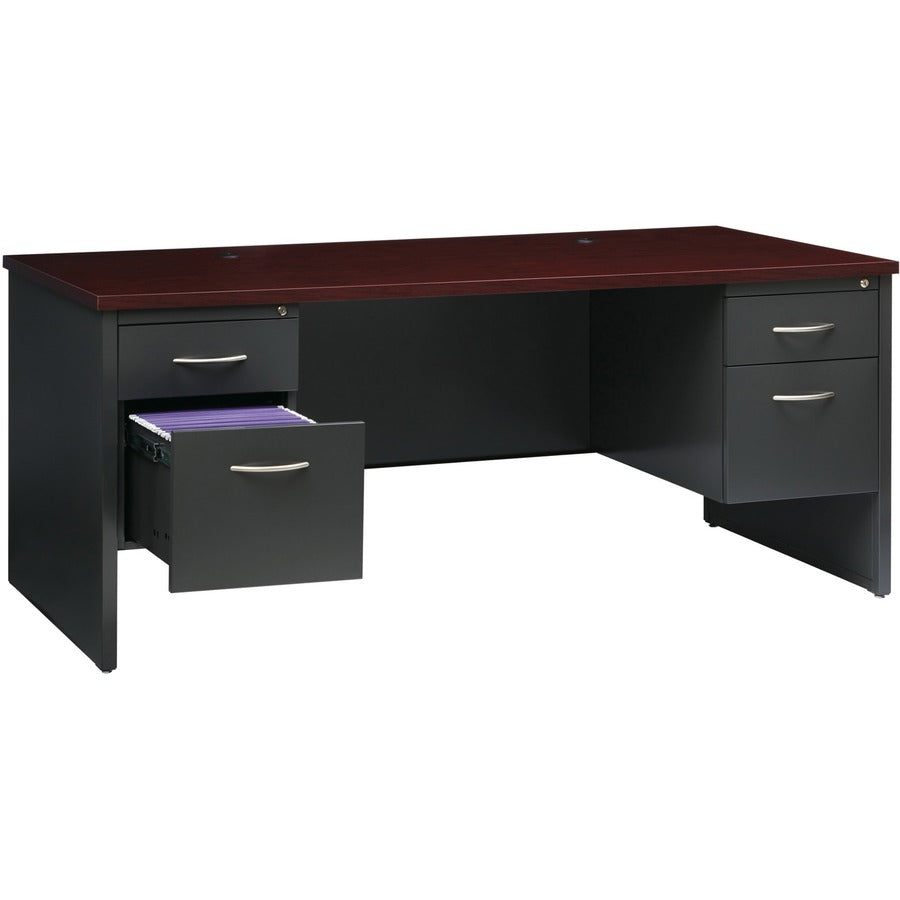 Lorell Fortress Modular Series Double-Pedestal Desk - 72" x 36" , 1.1" Top - 2 x Box, File Drawer(s) - Double Pedestal - Material: Steel - Finish: Mahogany Laminate, Charcoal - Scratch Resistant, Stain Resistant, Ball-bearing Suspension, Grommet, Han