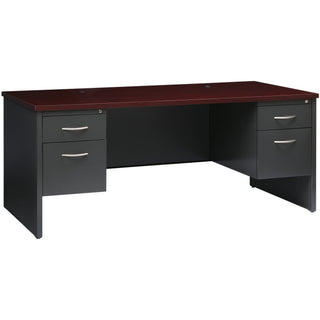Lorell Fortress Modular Series Double-Pedestal Desk - 72" x 36" , 1.1" Top - 2 x Box, File Drawer(s) - Double Pedestal - Material: Steel - Finish: Mahogany Laminate, Charcoal - Scratch Resistant, Stain Resistant, Ball-bearing Suspension, Grommet, Han