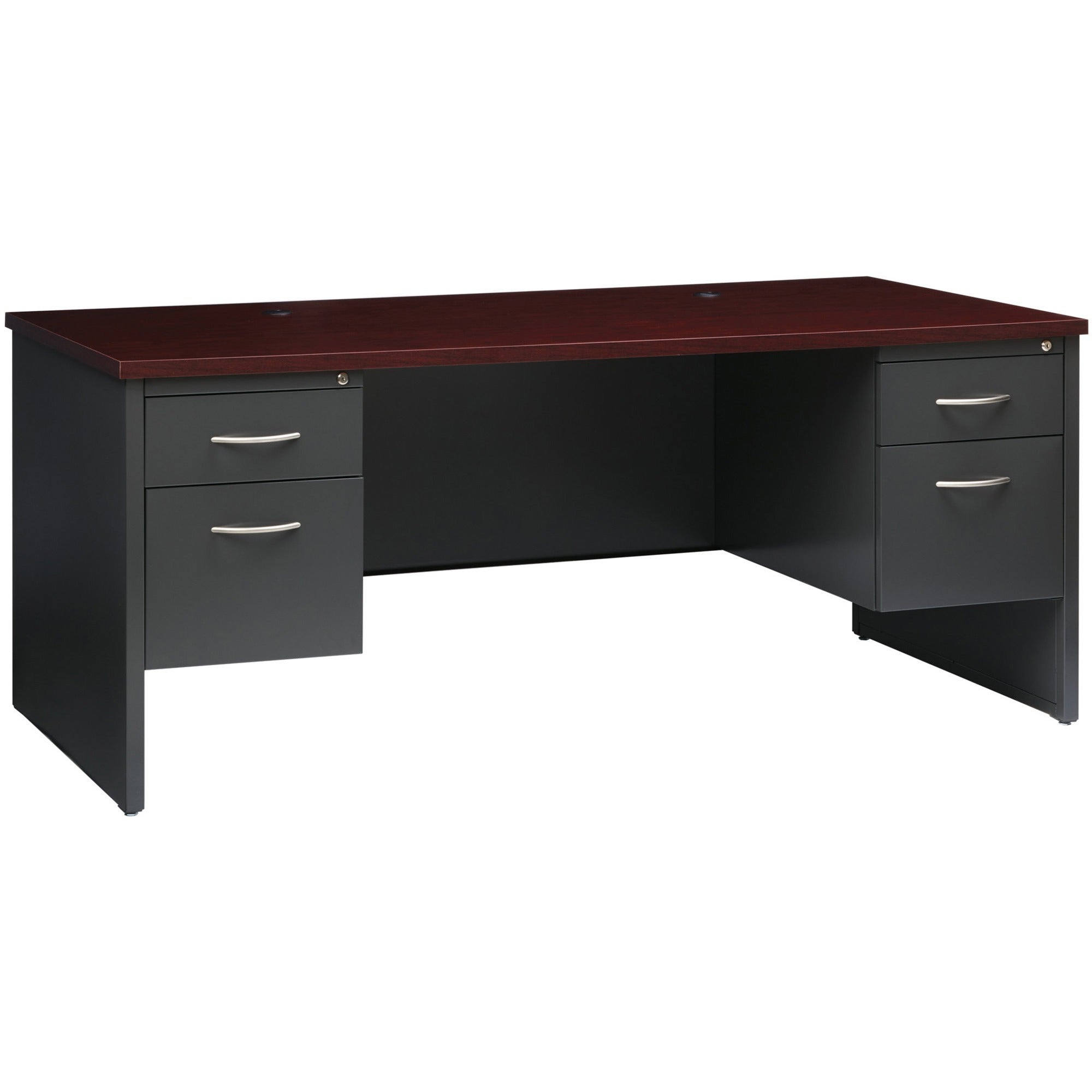 Lorell Fortress Modular Series Double-Pedestal Desk - 72" x 36" , 1.1" Top - 2 x Box, File Drawer(s) - Double Pedestal - Material: Steel - Finish: Mahogany Laminate, Charcoal - Scratch Resistant, Stain Resistant, Ball-bearing Suspension, Grommet, Han