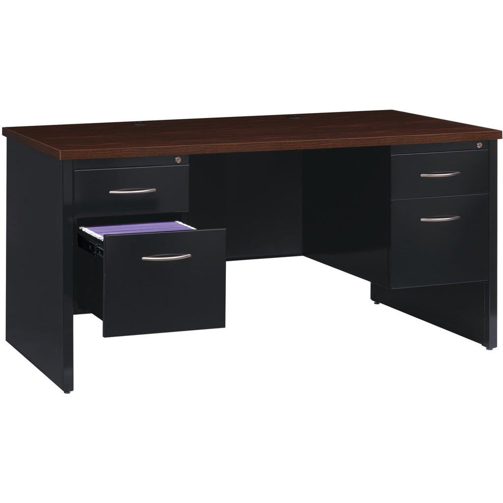 Lorell Fortress Modular Series Double-Pedestal Desk - 60" x 30" , 1.1" Top - 4 x Box, File Drawer(s) - Double Pedestal - Material: Steel - Finish: Walnut Laminate, Black - Scratch Resistant, Stain Resistant, Ball-bearing Suspension, Grommet, Handle,
