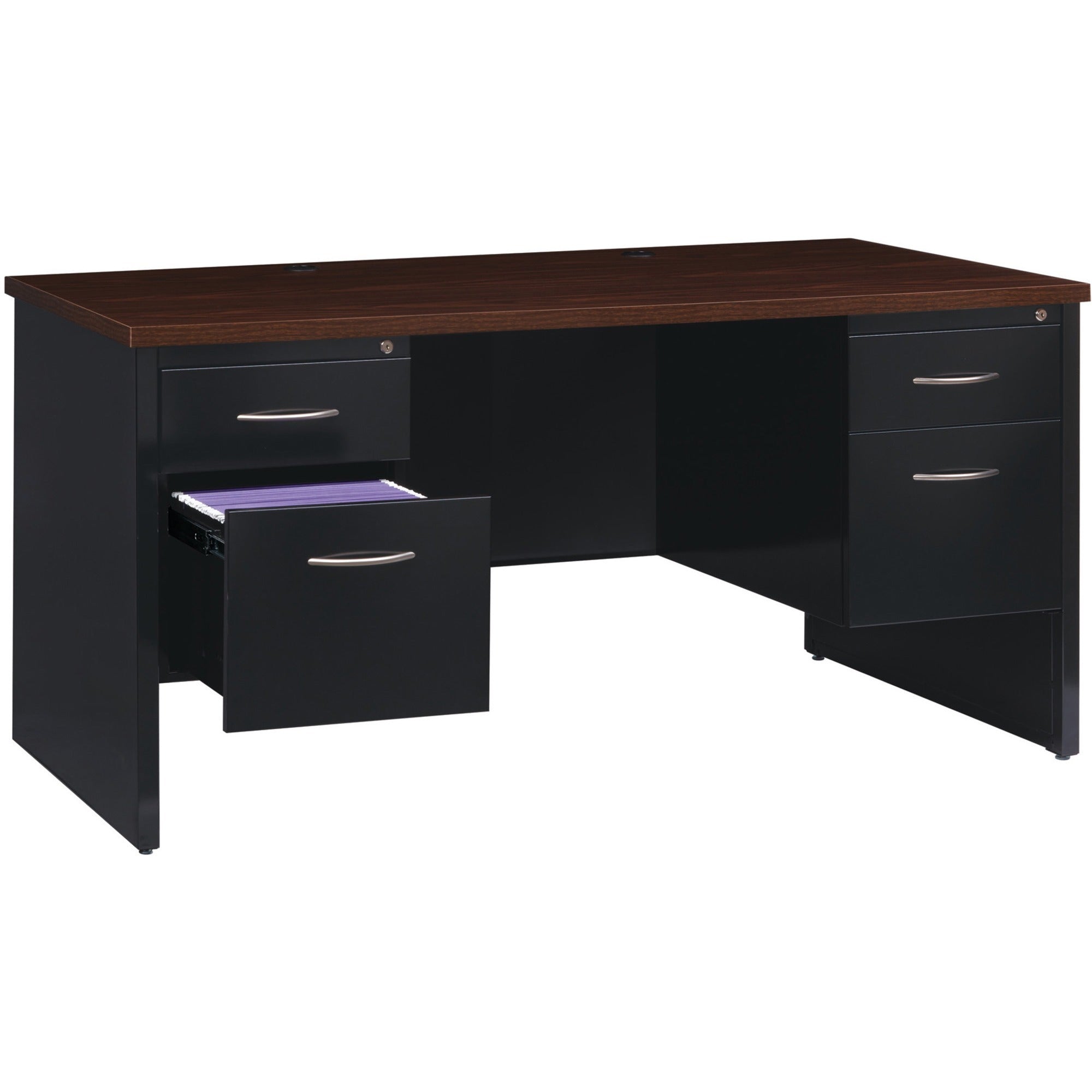 Lorell Fortress Modular Series Double-Pedestal Desk - 60" x 30" , 1.1" Top - 4 x Box, File Drawer(s) - Double Pedestal - Material: Steel - Finish: Walnut Laminate, Black - Scratch Resistant, Stain Resistant, Ball-bearing Suspension, Grommet, Handle, - 