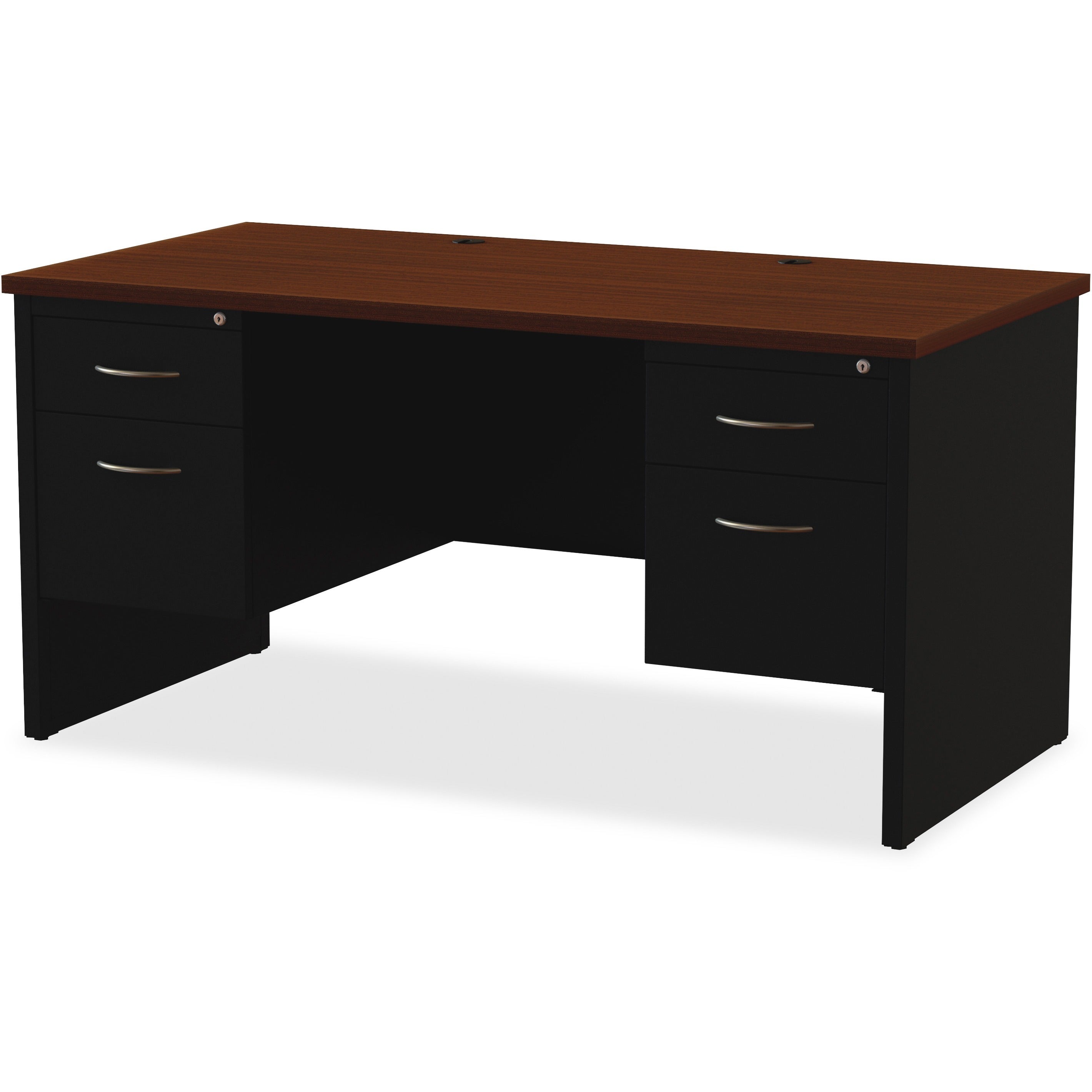 Lorell Fortress Modular Series Double-Pedestal Desk - 60" x 30" , 1.1" Top - 4 x Box, File Drawer(s) - Double Pedestal - Material: Steel - Finish: Walnut Laminate, Black - Scratch Resistant, Stain Resistant, Ball-bearing Suspension, Grommet, Handle, - 