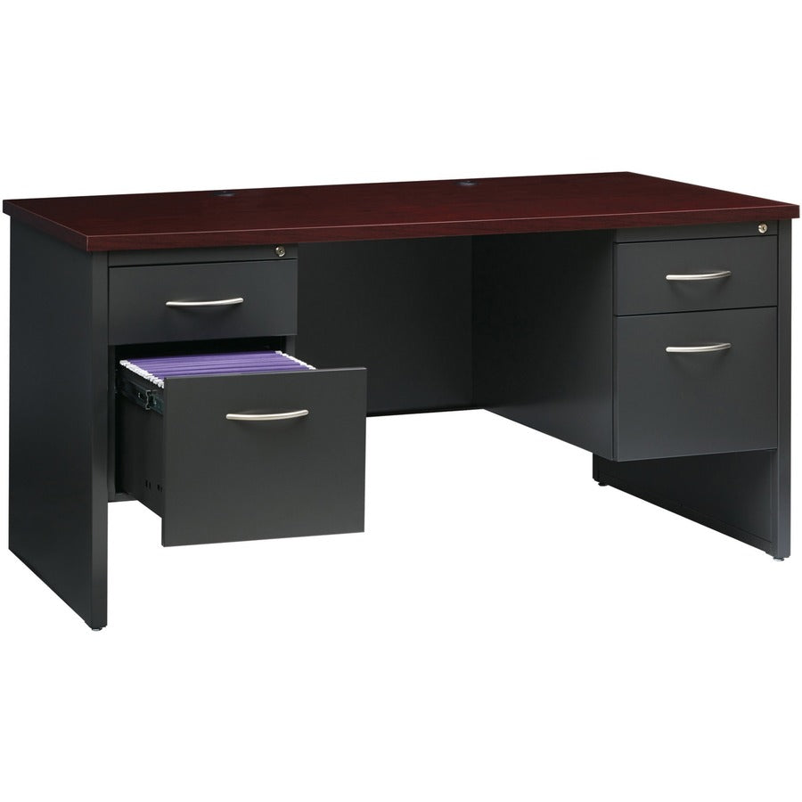 Lorell Fortress Modular Series Double-Pedestal Desk - 60" x 30" , 1.1" Top - 2 x Box, File Drawer(s) - Double Pedestal - Material: Steel - Finish: Mahogany Laminate, Charcoal - Scratch Resistant, Stain Resistant, Ball-bearing Suspension, Grommet, Han