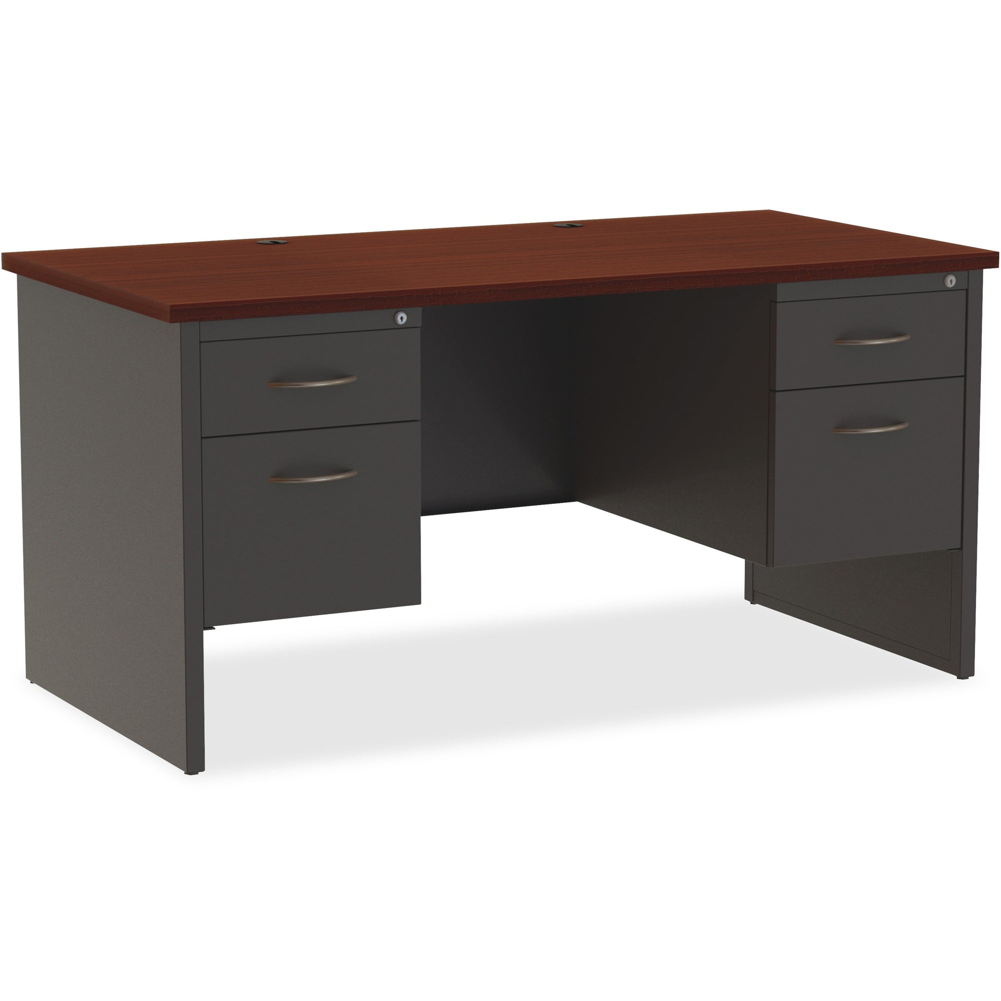 Lorell Fortress Modular Series Double-Pedestal Desk - 60" x 30" , 1.1" Top - 2 x Box, File Drawer(s) - Double Pedestal - Material: Steel - Finish: Mahogany Laminate, Charcoal - Scratch Resistant, Stain Resistant, Ball-bearing Suspension, Grommet, Han