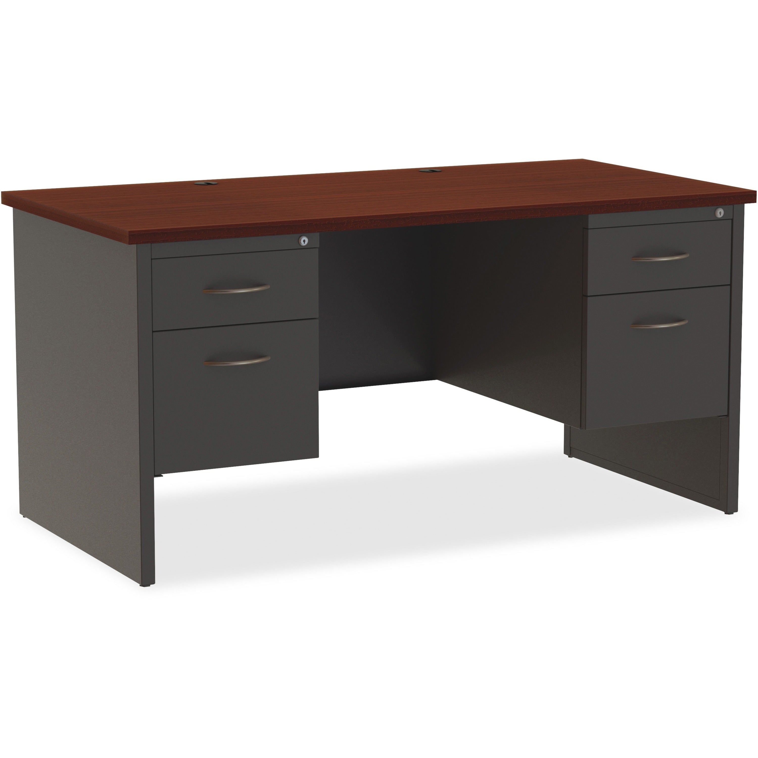 Lorell Fortress Modular Series Double-Pedestal Desk - 60" x 30" , 1.1" Top - 2 x Box, File Drawer(s) - Double Pedestal - Material: Steel - Finish: Mahogany Laminate, Charcoal - Scratch Resistant, Stain Resistant, Ball-bearing Suspension, Grommet, Han