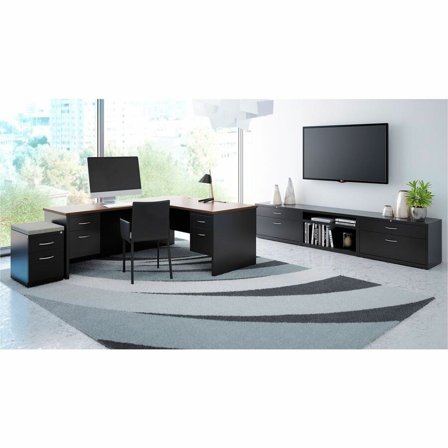 Lorell Fortress Modular Series Right-Pedestal Desk - 72" x 36" , 1.1" Top - 2 x Box, File Drawer(s) - Single Pedestal on Right Side - Material: Steel - Finish: Walnut Laminate, Black - Scratch Resistant, Stain Resistant, Ball-bearing Suspension, Grom