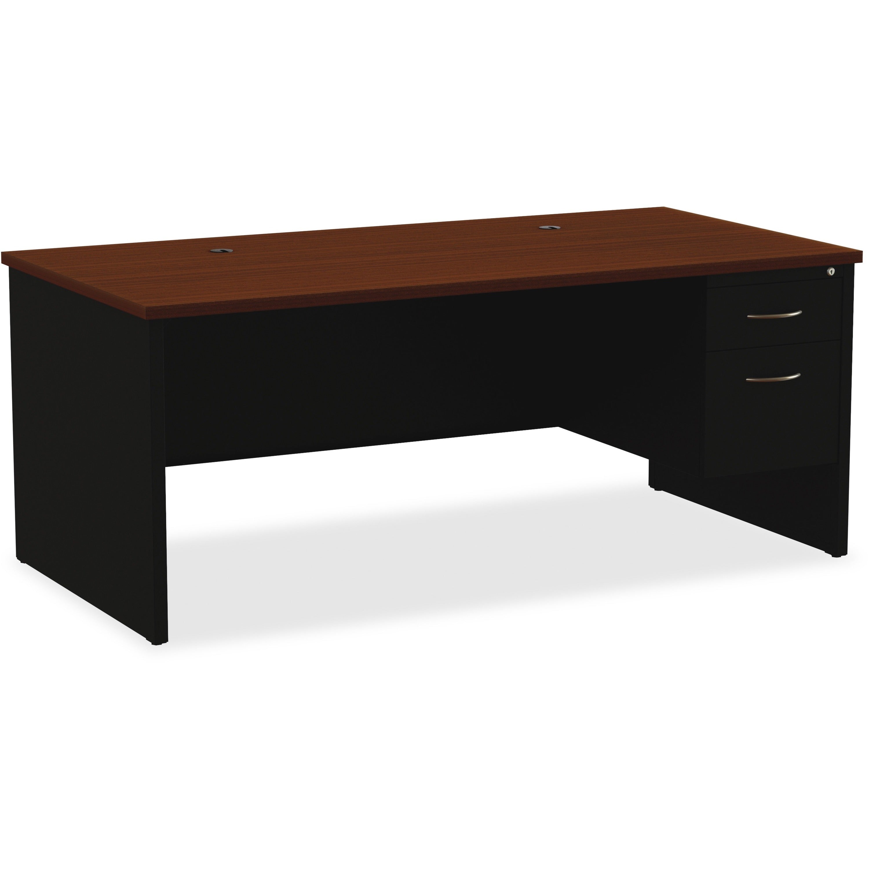Lorell Fortress Modular Series Right-Pedestal Desk - 72" x 36" , 1.1" Top - 2 x Box, File Drawer(s) - Single Pedestal on Right Side - Material: Steel - Finish: Walnut Laminate, Black - Scratch Resistant, Stain Resistant, Ball-bearing Suspension, Grom - 