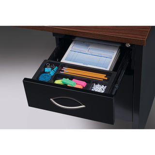 Lorell Fortress Modular Series Right-Pedestal Desk - 72" x 36" , 1.1" Top - 2 x Box, File Drawer(s) - Single Pedestal on Right Side - Material: Steel - Finish: Walnut Laminate, Black - Scratch Resistant, Stain Resistant, Ball-bearing Suspension, Grom