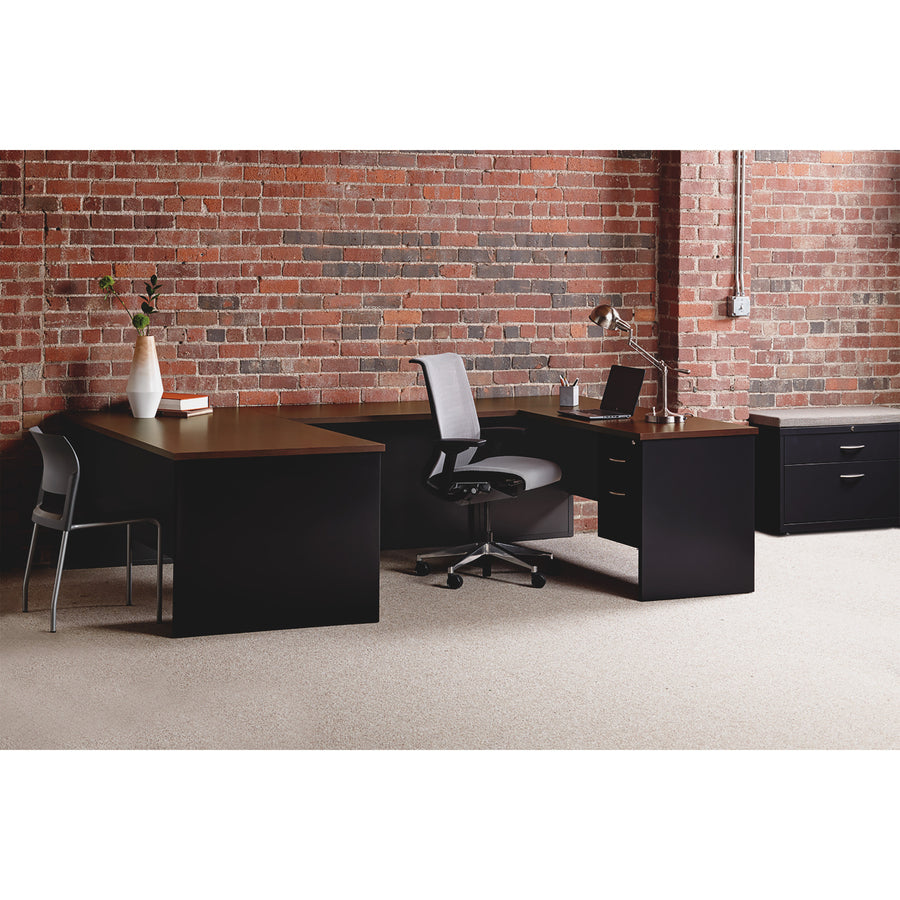 Lorell Fortress Modular Series Right-Pedestal Desk - 72" x 36" , 1.1" Top - 2 x Box, File Drawer(s) - Single Pedestal on Right Side - Material: Steel - Finish: Walnut Laminate, Black - Scratch Resistant, Stain Resistant, Ball-bearing Suspension, Grom - 
