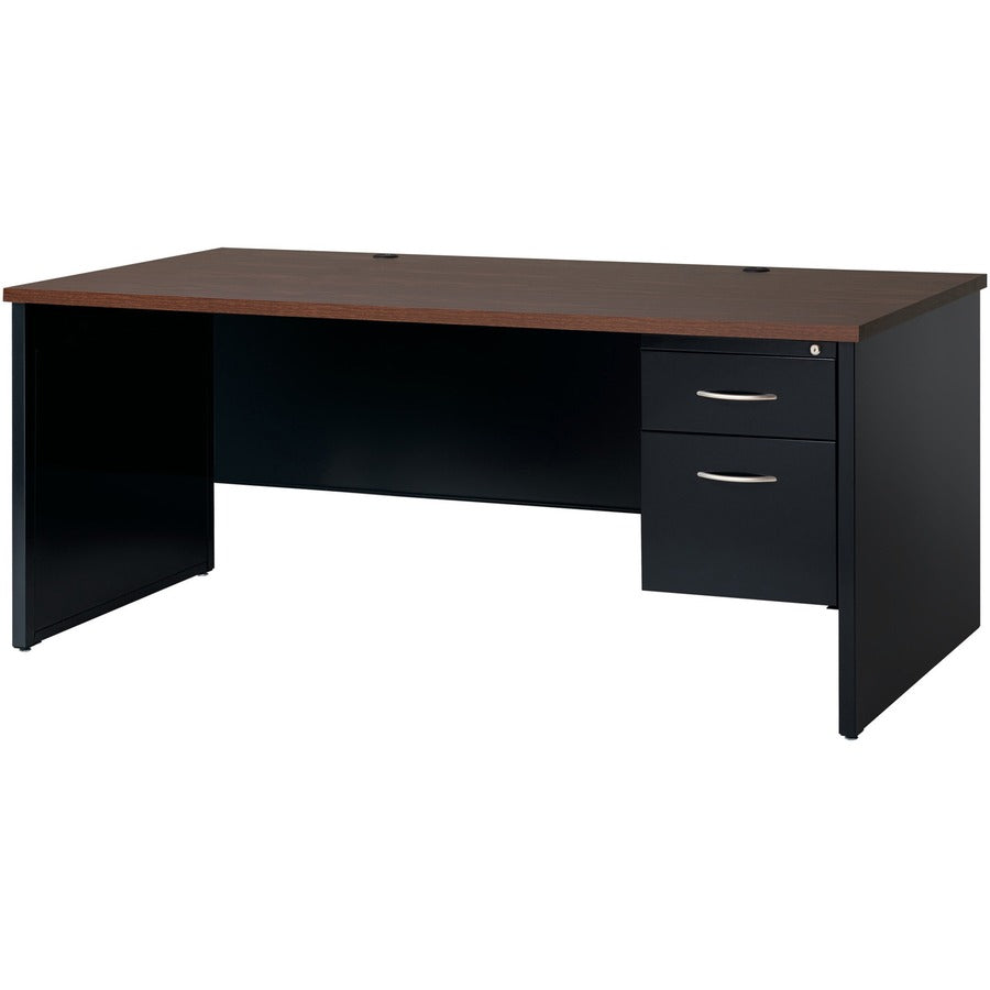 Lorell Fortress Modular Series Right-Pedestal Desk - 72" x 36" , 1.1" Top - 2 x Box, File Drawer(s) - Single Pedestal on Right Side - Material: Steel - Finish: Walnut Laminate, Black - Scratch Resistant, Stain Resistant, Ball-bearing Suspension, Grom