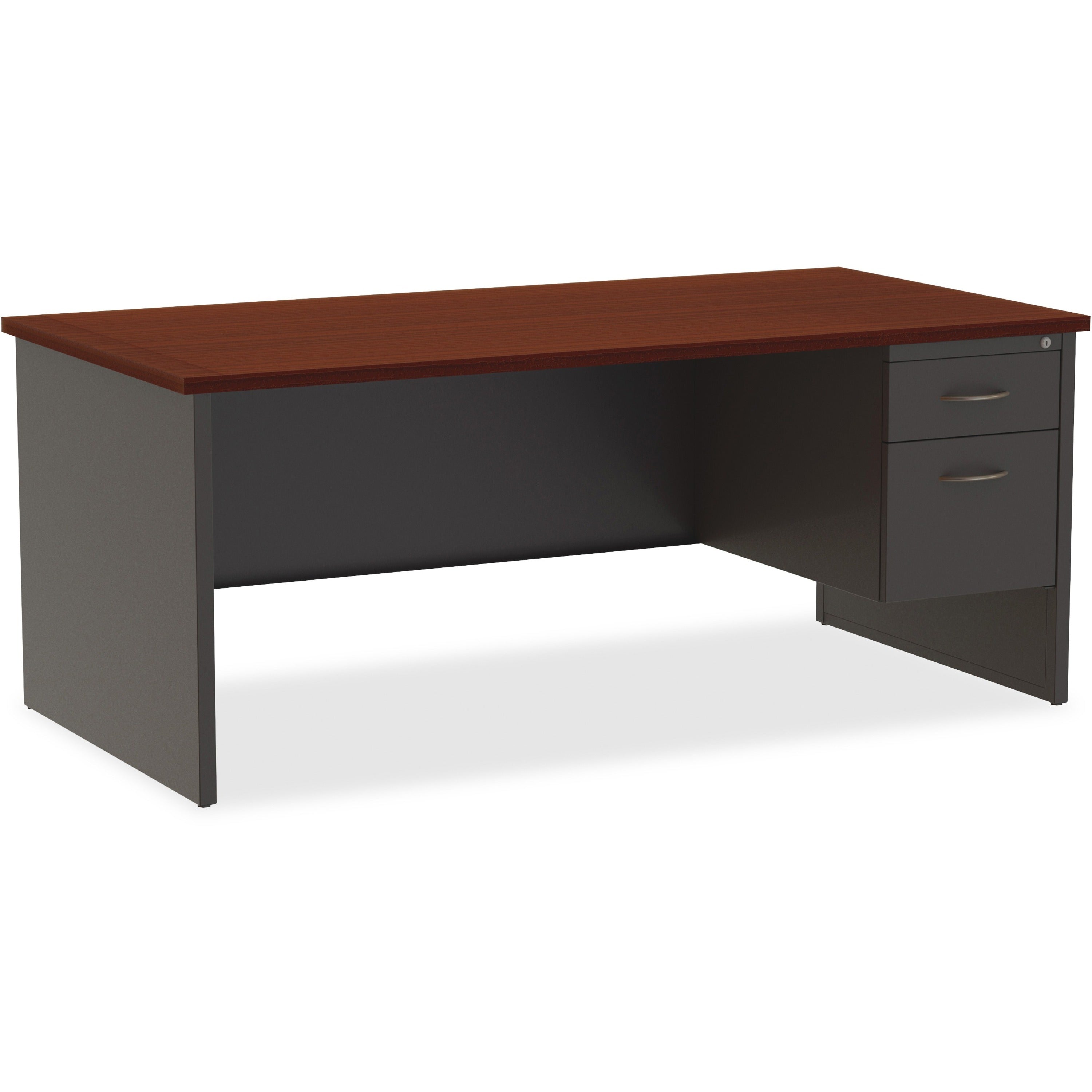 Lorell Fortress Modular Series Right-Pedestal Desk - 72" x 36" , 1.1" Top - 2 x Box, File Drawer(s) - Single Pedestal on Right Side - Material: Steel - Finish: Mahogany Laminate, Charcoal - Scratch Resistant, Stain Resistant, Ball-bearing Suspension,