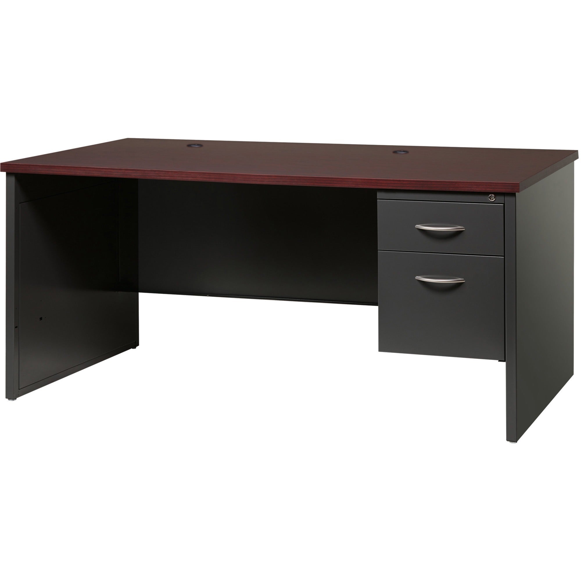 Lorell Fortress Modular Series Right-Pedestal Desk - 66" x 30" , 1.1" Top - 2 x Box, File Drawer(s) - Single Pedestal on Right Side - Material: Steel - Finish: Walnut Laminate, Black - Scratch Resistant, Stain Resistant, Ball-bearing Suspension, Grom - 