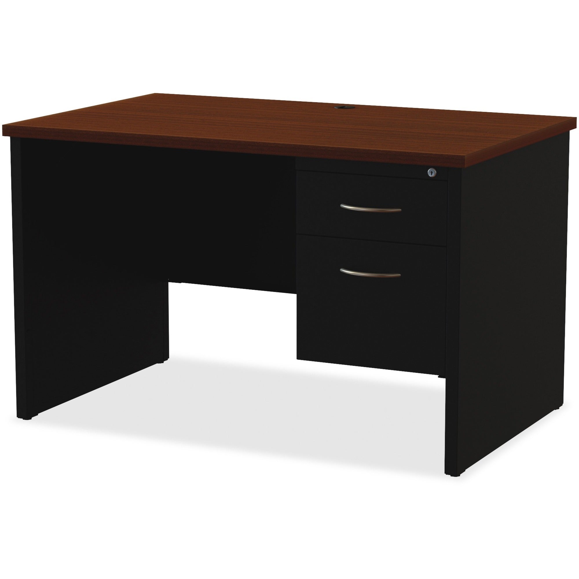 Lorell Fortress Modular Series Right-Pedestal Desk - 48" x 30" , 1.1" Top - 2 x Box, File Drawer(s) - Single Pedestal on Right Side - Material: Steel - Finish: Walnut Laminate, Black - Scratch Resistant, Stain Resistant, Ball-bearing Suspension, Grom - 