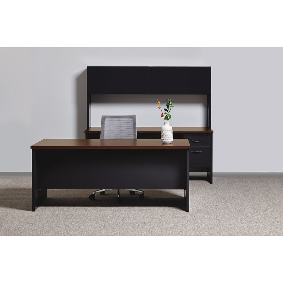 Lorell Fortress Modular Series Right-Pedestal Desk - 48" x 30" , 1.1" Top - 2 x Box, File Drawer(s) - Single Pedestal on Right Side - Material: Steel - Finish: Walnut Laminate, Black - Scratch Resistant, Stain Resistant, Ball-bearing Suspension, Grom - 