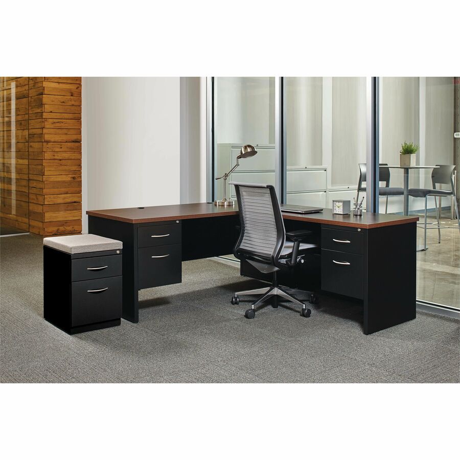 Lorell Fortress Modular Series Right-Pedestal Desk - 48" x 30" , 1.1" Top - 2 x Box, File Drawer(s) - Single Pedestal on Right Side - Material: Steel - Finish: Walnut Laminate, Black - Scratch Resistant, Stain Resistant, Ball-bearing Suspension, Grom
