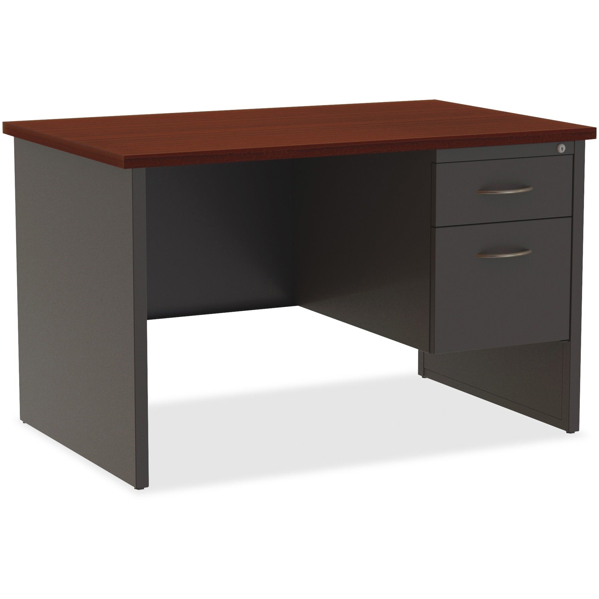 Lorell Fortress Modular Series Right-Pedestal Desk - 48" x 30" , 1.1" Top - 2 x Box, File Drawer(s) - Single Pedestal on Right Side - Material: Steel - Finish: Mahogany Laminate, Charcoal - Scratch Resistant, Stain Resistant, Ball-bearing Suspension, - 