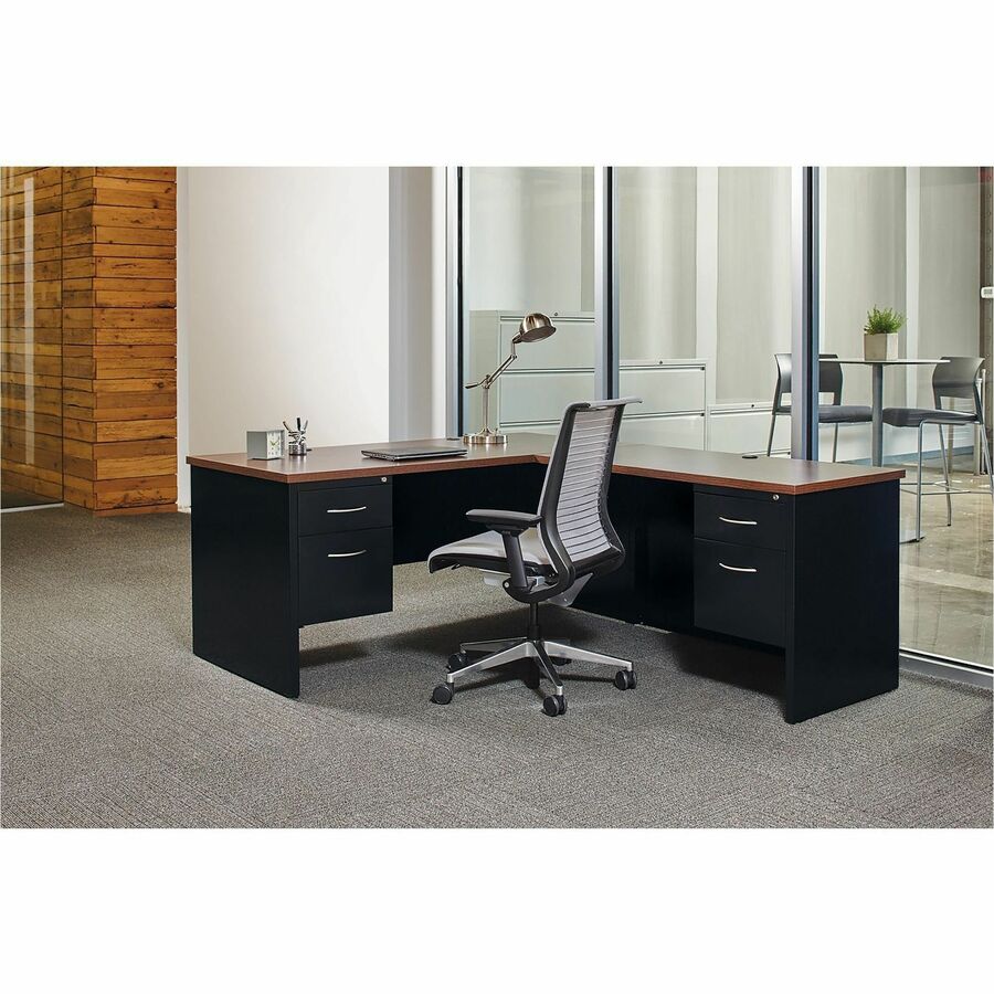 Lorell Fortress Modular Series Desk - 72" x 36" , 1.1" Top - 2 x Box, File Drawer(s) - Single Pedestal on Left Side - Material: Steel - Finish: Walnut Laminate, Black - Scratch Resistant, Stain Resistant, Ball-bearing Suspension, Grommet, Handle, Cor